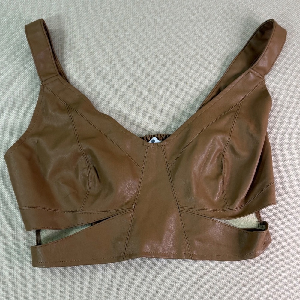 Zara Brown Faux Leather Cut Out Crop Top Smocked Back Tan Bustier Size Small